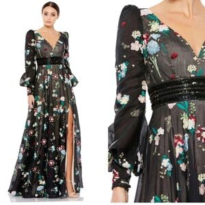 Mac Duggal NWT Embroidered Bishop Sleeve V Neck Flowy Gown‎ Women’s 6 79361